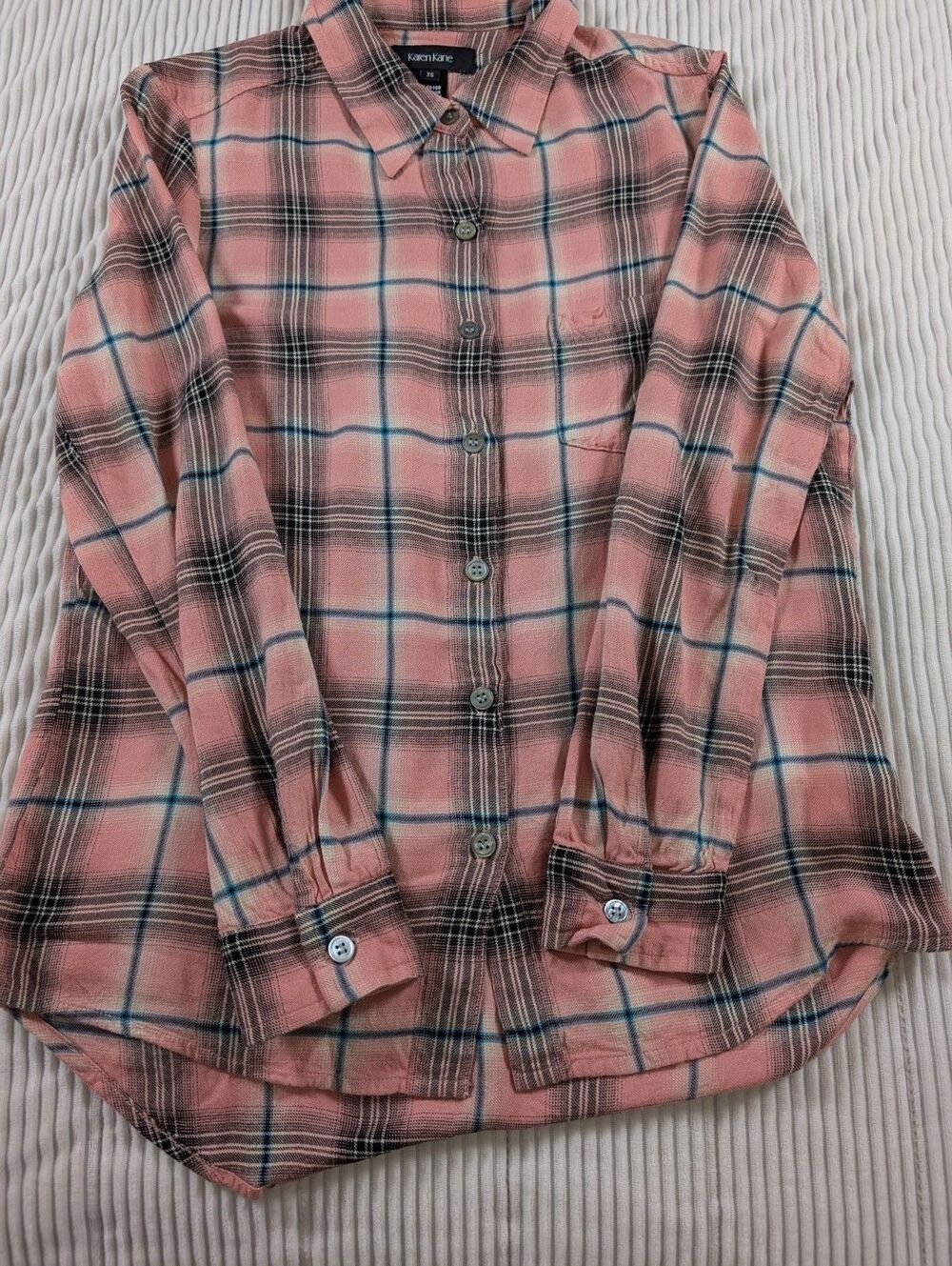 Karen Kane Top Womens XS Pink Plaid Roll Tab Button Up Long Sleeve Preppy Shirt - Picture 5 of 11